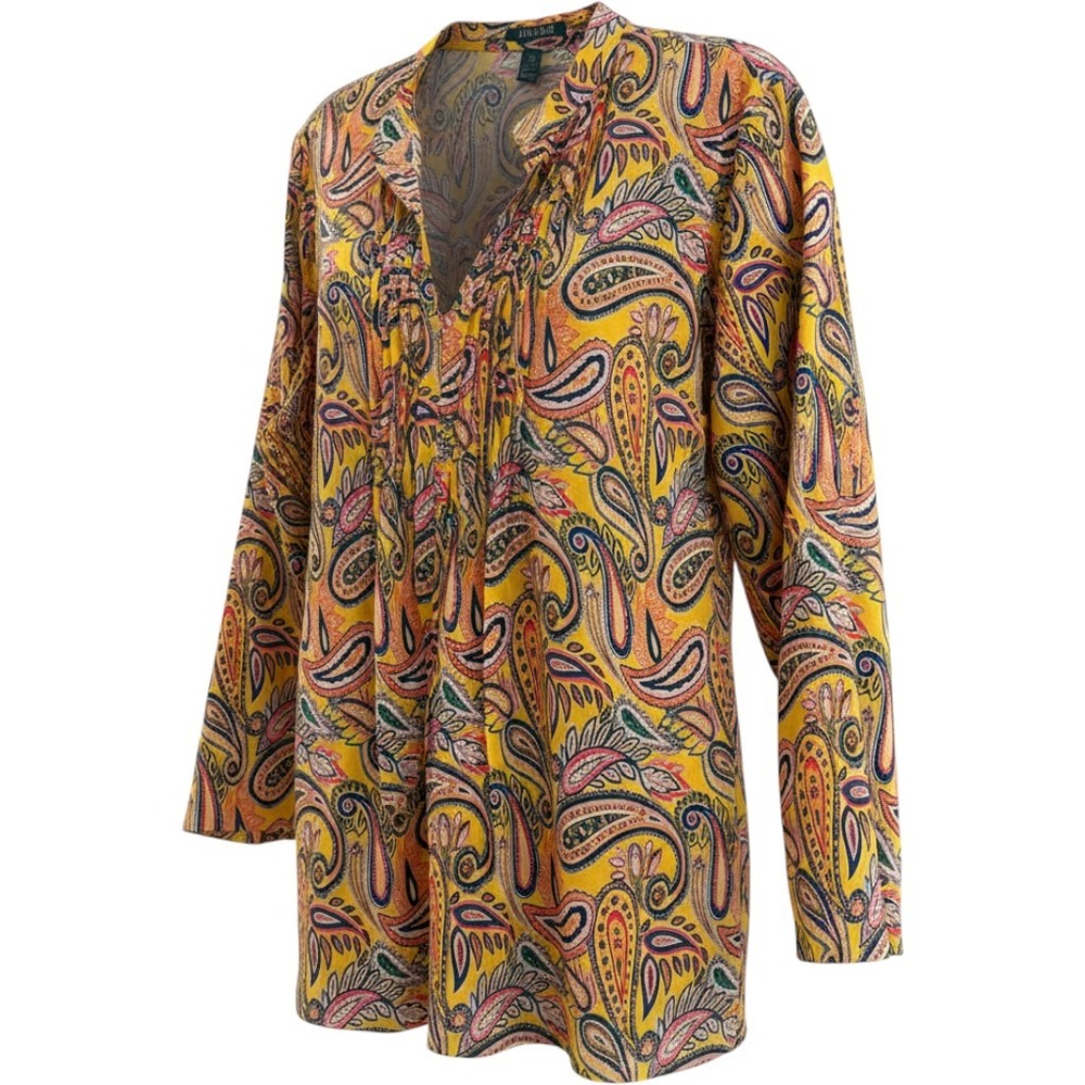 Lauren Ralph Lauren Blouse Women 2X Yellow Paisley Pintuck Cotton Boho Tunic